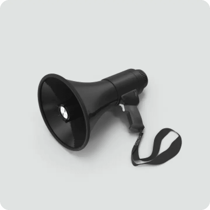 Czarny megafon, który nawiązuje do tworzenia treści, które trafiają do grupy docelowej i przyciągają klientów.